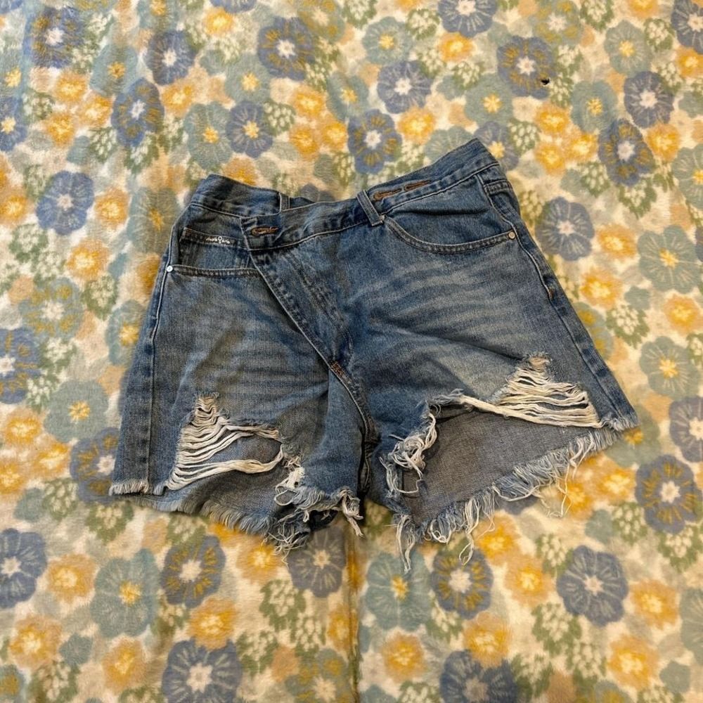 Insane Gene Blue Denim Asymmetrical Jean Shorts Ripped & Frayed Medium